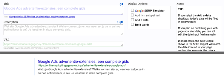 SEOmofo SERP Snippet Optimization tool