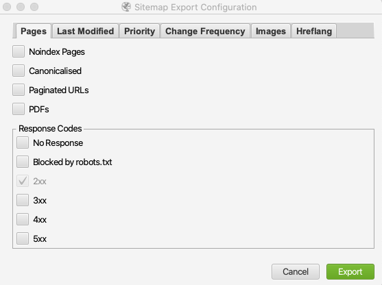 Sitemap export configuration